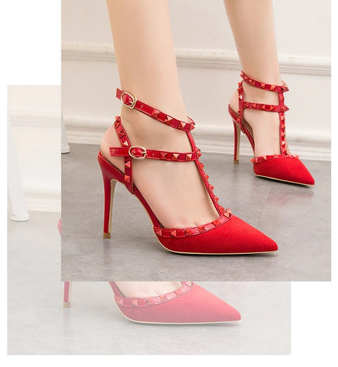 Sexy slim shallow mouth pointed hollow 10CM PUMP high-heel Rivet sandal CODE: KAR1758