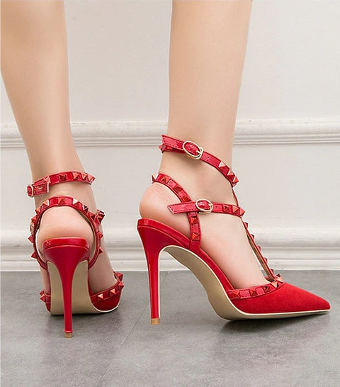 Sexy slim shallow mouth pointed hollow 10CM PUMP high-heel Rivet sandal CODE: KAR1758