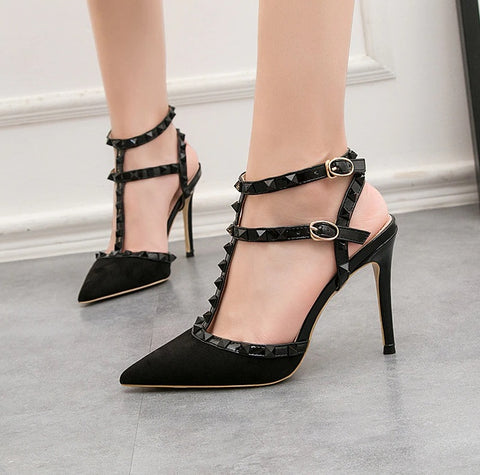 Sexy slim shallow mouth pointed hollow 10CM PUMP high-heel Rivet sandal CODE: KAR1758