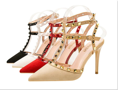 Sexy slim shallow mouth pointed hollow 10CM PUMP high-heel Rivet sandal CODE: KAR1758