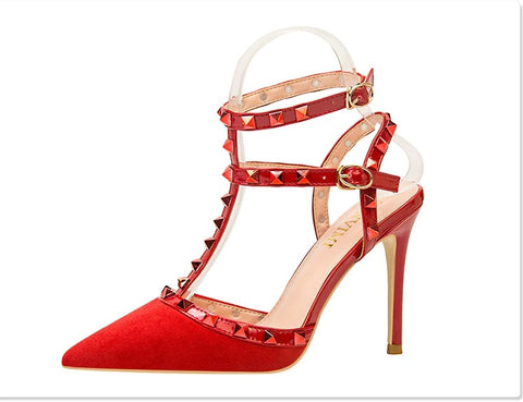 Sexy slim shallow mouth pointed hollow 10CM PUMP high-heel Rivet sandal CODE: KAR1758