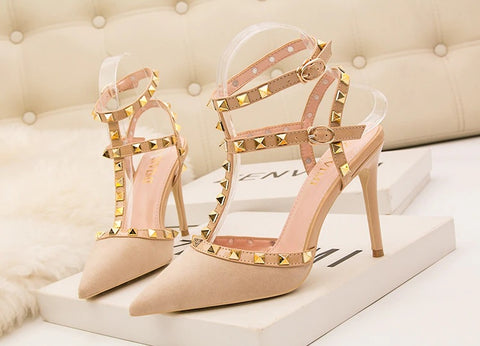 Sexy slim shallow mouth pointed hollow 10CM PUMP high-heel Rivet sandal CODE: KAR1758