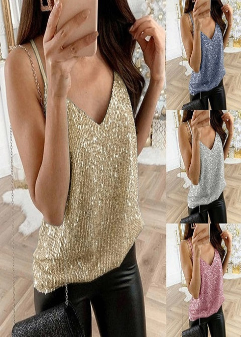 Glitter Strappy Sexy Sparkle Casual Sleeveless V Neck Top CODE: KAR1776