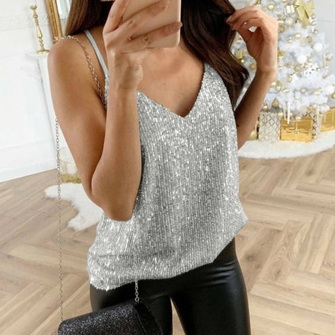 Glitter Strappy Sexy Sparkle Casual Sleeveless V Neck Top CODE: KAR1776