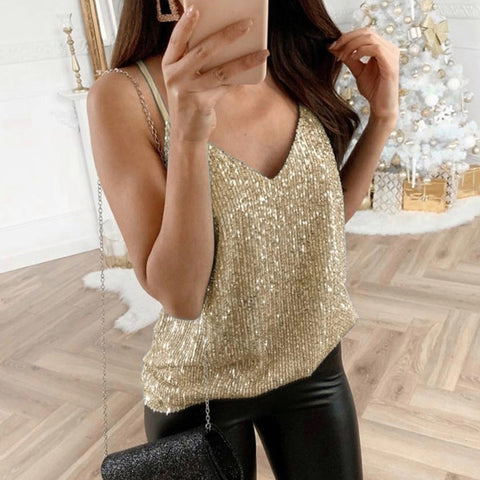 Glitter Strappy Sexy Sparkle Casual Sleeveless V Neck Top CODE: KAR1776