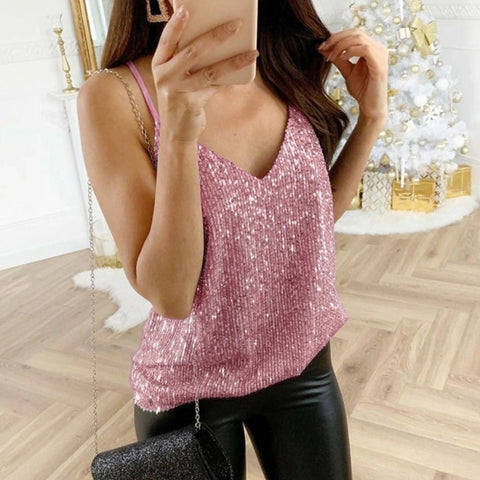 Glitter Strappy Sexy Sparkle Casual Sleeveless V Neck Top CODE: KAR1776