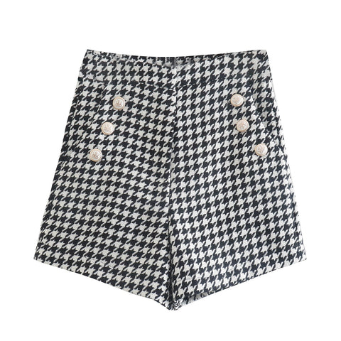 New Fashion Double Breasted Houndstooth Blazer Coat Or High Waist Zipper Fly Short Two Piece Set CODE: KAR1783