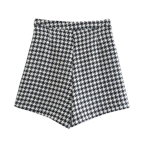 New Fashion Double Breasted Houndstooth Blazer Coat Or High Waist Zipper Fly Short Two Piece Set CODE: KAR1783