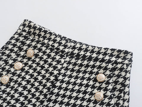 New Fashion Double Breasted Houndstooth Blazer Coat Or High Waist Zipper Fly Short Two Piece Set CODE: KAR1783