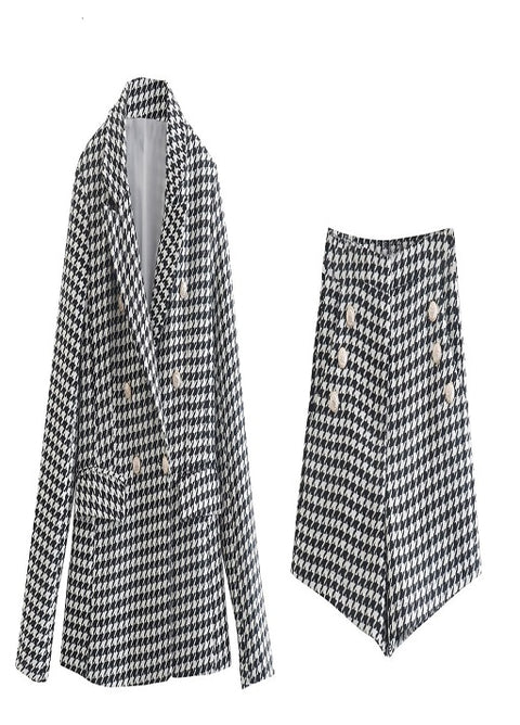 New Fashion Double Breasted Houndstooth Blazer Coat Or High Waist Zipper Fly Short Two Piece Set CODE: KAR1783