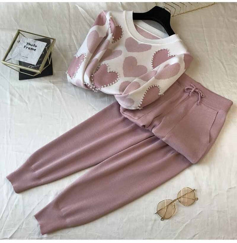 Winter New Arrival Beaded Heart Shape Long sleeve Sweater + Elastic Waist Pant 2 Piece Set CODE: KAR1790