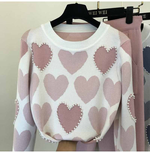 Winter New Arrival Beaded Heart Shape Long sleeve Sweater + Elastic Waist Pant 2 Piece Set CODE: KAR1790