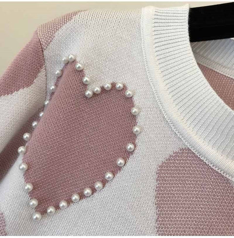 Winter New Arrival Beaded Heart Shape Long sleeve Sweater + Elastic Waist Pant 2 Piece Set CODE: KAR1790