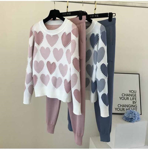 Winter New Arrival Beaded Heart Shape Long sleeve Sweater + Elastic Waist Pant 2 Piece Set CODE: KAR1790
