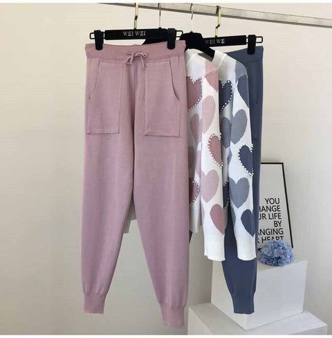 Winter New Arrival Beaded Heart Shape Long sleeve Sweater + Elastic Waist Pant 2 Piece Set CODE: KAR1790