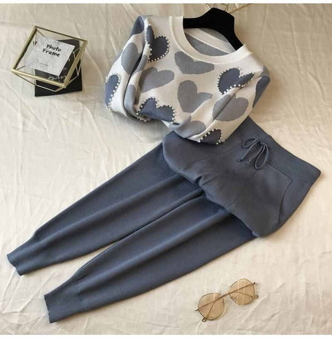 Winter New Arrival Beaded Heart Shape Long sleeve Sweater + Elastic Waist Pant 2 Piece Set CODE: KAR1790