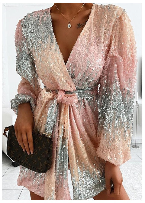 Sexy Color Sequined High Waist Long Sleeve V-neck Lace up Mini Dress CODE: KAR1793