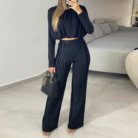 New Elegant Pleated O-neck Long Sleeve Top and Long Pant Casual Loose Two Piece Set CODE: KAR1805