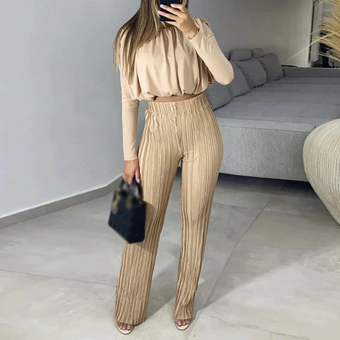 New Elegant Pleated O-neck Long Sleeve Top and Long Pant Casual Loose Two Piece Set CODE: KAR1805