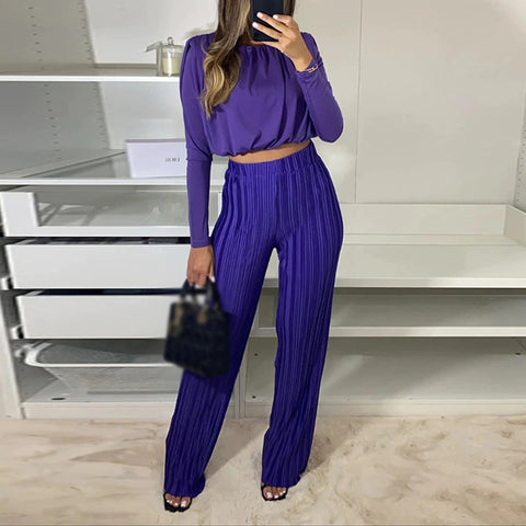 New Elegant Pleated O-neck Long Sleeve Top and Long Pant Casual Loose Two Piece Set CODE: KAR1805