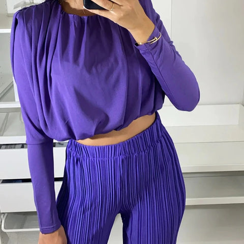 New Elegant Pleated O-neck Long Sleeve Top and Long Pant Casual Loose Two Piece Set CODE: KAR1805