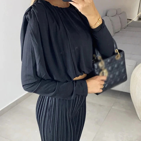 New Elegant Pleated O-neck Long Sleeve Top and Long Pant Casual Loose Two Piece Set CODE: KAR1805