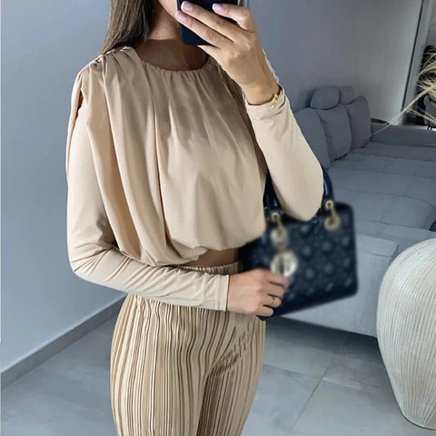 New Elegant Pleated O-neck Long Sleeve Top and Long Pant Casual Loose Two Piece Set CODE: KAR1805