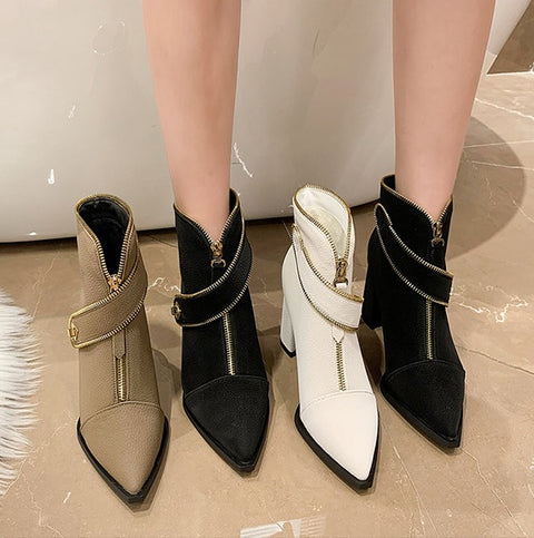New Fashion Pointed Metal Buckle Front Zipper Simple Coarse Heel Short Boots CODE: KAR1809