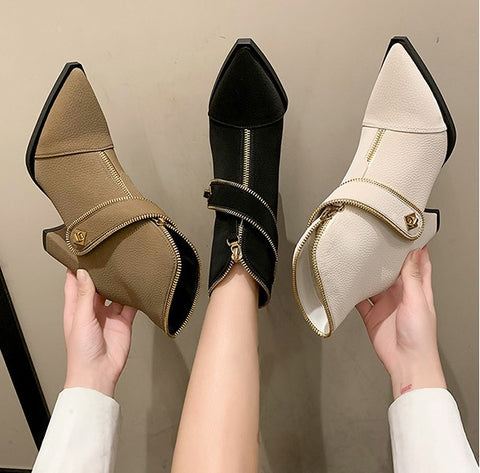 New Fashion Pointed Metal Buckle Front Zipper Simple Coarse Heel Short Boots CODE: KAR1809