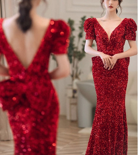 Bling Burgundy Sequins Banquet Sexy Backless Mermaid Party Dress CODE: KAR1819