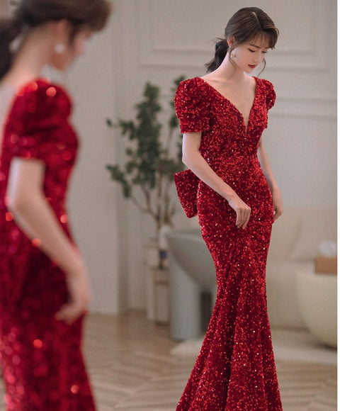 Bling Burgundy Sequins Banquet Sexy Backless Mermaid Party Dress CODE: KAR1819