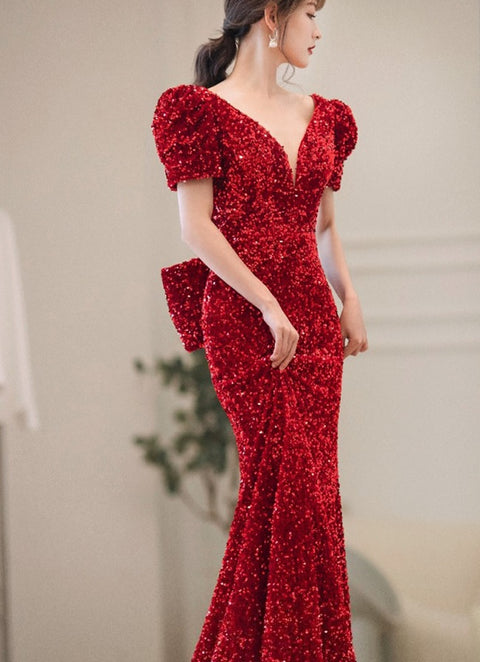 Bling Burgundy Sequins Banquet Sexy Backless Mermaid Party Dress CODE: KAR1819