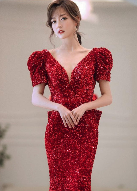Bling Burgundy Sequins Banquet Sexy Backless Mermaid Party Dress CODE: KAR1819