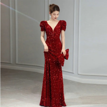 Bling Burgundy Sequins Banquet Sexy Backless Mermaid Party Dress CODE: KAR1819