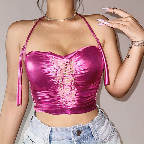 Vest Neck Hanging Ice Silk Hand Woven Hollow Suspender Sexy Short Vest Slim Elastic Top CODE: KAR1823