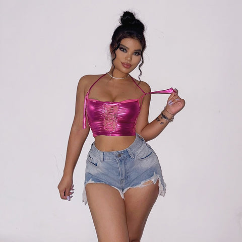 Vest Neck Hanging Ice Silk Hand Woven Hollow Suspender Sexy Short Vest Slim Elastic Top CODE: KAR1823