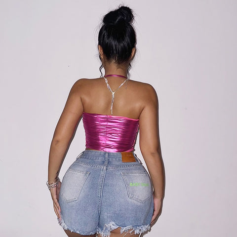 Vest Neck Hanging Ice Silk Hand Woven Hollow Suspender Sexy Short Vest Slim Elastic Top CODE: KAR1823