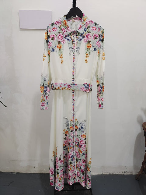 New  Flowers Printed Lapel Single Breasted Lantern Sleeve Midi Dress CODE: KAR1839