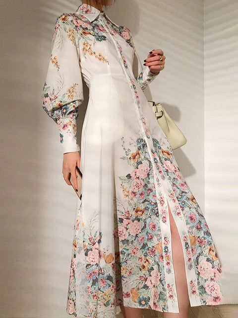 New  Flowers Printed Lapel Single Breasted Lantern Sleeve Midi Dress CODE: KAR1839
