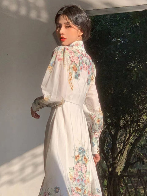 New  Flowers Printed Lapel Single Breasted Lantern Sleeve Midi Dress CODE: KAR1839