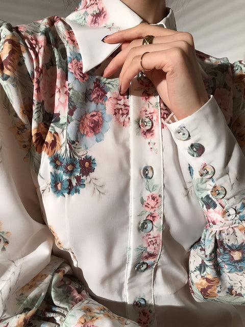 New  Flowers Printed Lapel Single Breasted Lantern Sleeve Midi Dress CODE: KAR1839