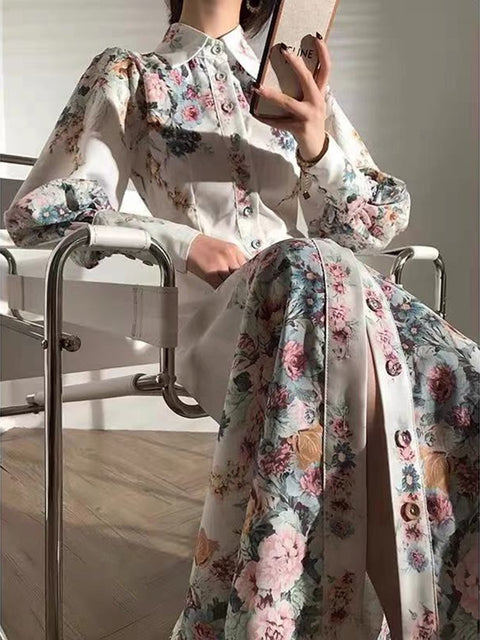 New  Flowers Printed Lapel Single Breasted Lantern Sleeve Midi Dress CODE: KAR1839