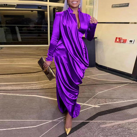 Sexy Draped Shoulder Ruched Side Floor Length Long Sleeve Bodycon Midi Maxi Long Dress  CODE: KAR1868