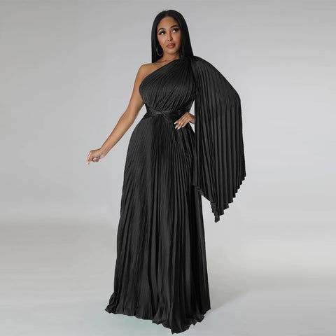 Sexy One Shoulder Clock Sleeve Sashes High Waist Big Swing Pleated Maxi Long Dress CODE: KAR1880