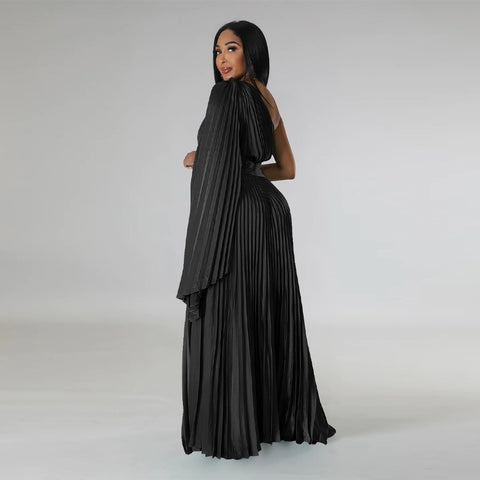 Sexy One Shoulder Clock Sleeve Sashes High Waist Big Swing Pleated Maxi Long Dress CODE: KAR1880