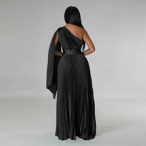 Sexy One Shoulder Clock Sleeve Sashes High Waist Big Swing Pleated Maxi Long Dress CODE: KAR1880