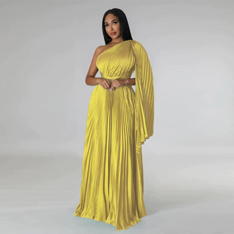 Sexy One Shoulder Clock Sleeve Sashes High Waist Big Swing Pleated Maxi Long Dress CODE: KAR1880