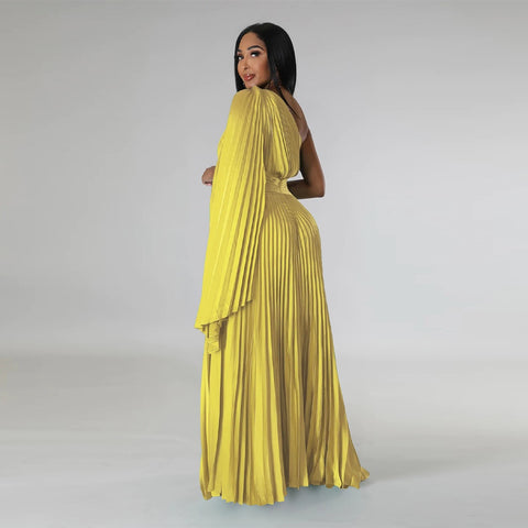 Sexy One Shoulder Clock Sleeve Sashes High Waist Big Swing Pleated Maxi Long Dress CODE: KAR1880