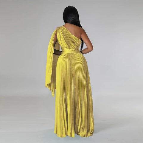 Sexy One Shoulder Clock Sleeve Sashes High Waist Big Swing Pleated Maxi Long Dress CODE: KAR1880