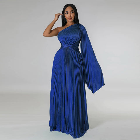 Sexy One Shoulder Clock Sleeve Sashes High Waist Big Swing Pleated Maxi Long Dress CODE: KAR1880